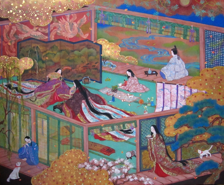 遊びの時間　平安時代の絵巻物語のような日本画　吹抜け屋台で平安時代の楽しい一コマが描かれる