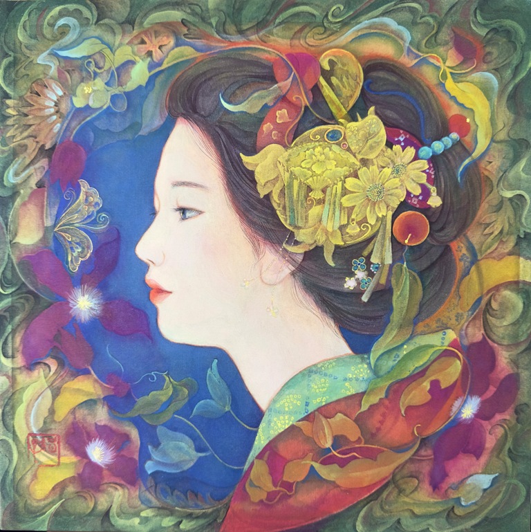 金環　日本髪を結った横顔の女性。　和風とモダンの幻想的な日本画