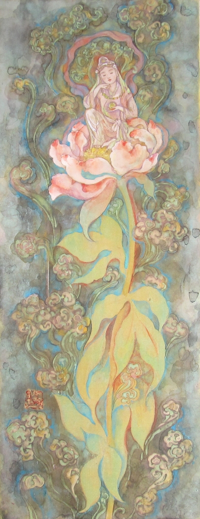 雲の花　芍薬の花に乗った如意輪観音　縦長の画面に描かれた優しい色合いの日本画