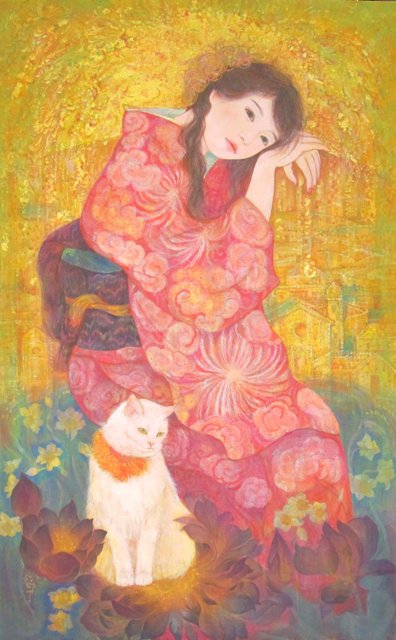 雲居　イタリアの街並みを背景に夢見る着物の女性と白猫　幻想的な日本画