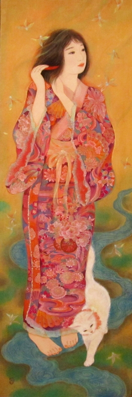 風の調べ　大正ロマンを感じさせる日本画　友禅の長襦袢を着た乙女と白猫