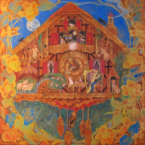 魔法時計　からくり時計を描いたファンタジックな日本画