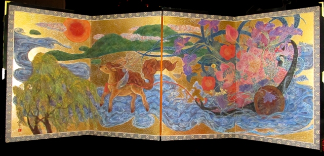 花麒麟　四曲一隻屏風　花車を曳いて翔る麒麟を描いた日本画