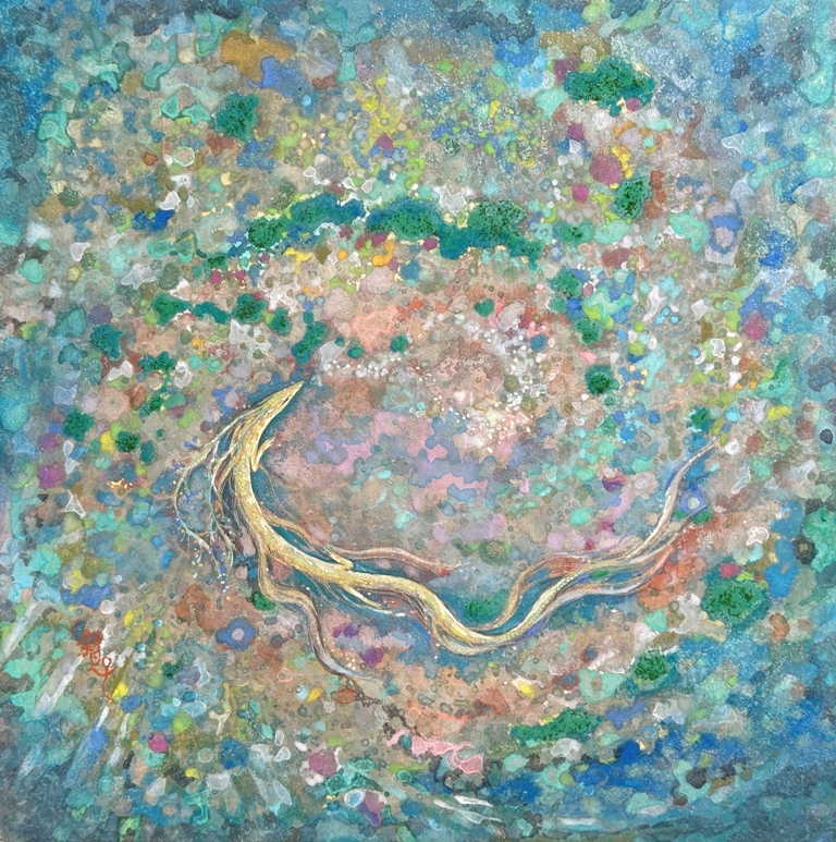 海の森　水の泡と共に舞う小さな龍　幻想的な日本画