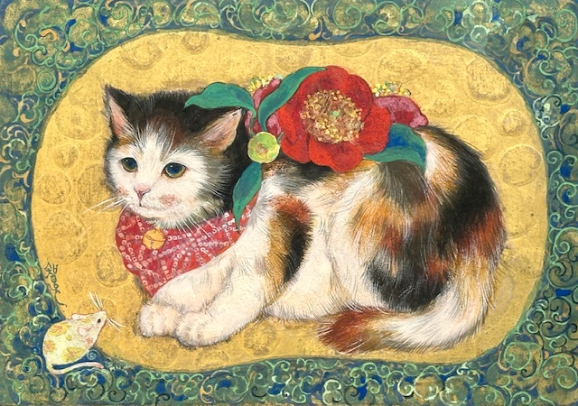 まめねこ　三毛猫の子猫と玩具が豆型の画面に描かれる　可愛い日本画