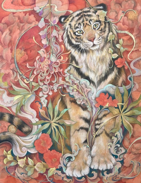 錦繡　花と虎が友禅の様に描かれた日本画