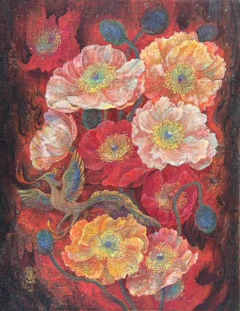 花焔　炎のように咲く罌粟の花々と鳳凰を描いた日本画