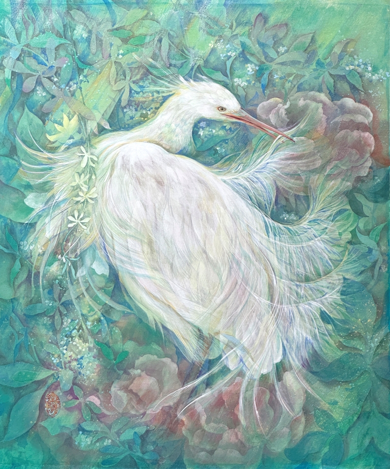 光華　光を浴びる白鷺を描いた透明感ある色彩の日本画　絹本著色