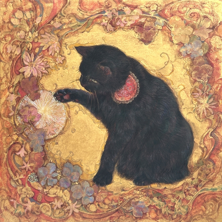 花じゃれ　じゃれる黒猫を描いた日本画作品 　紙本著色