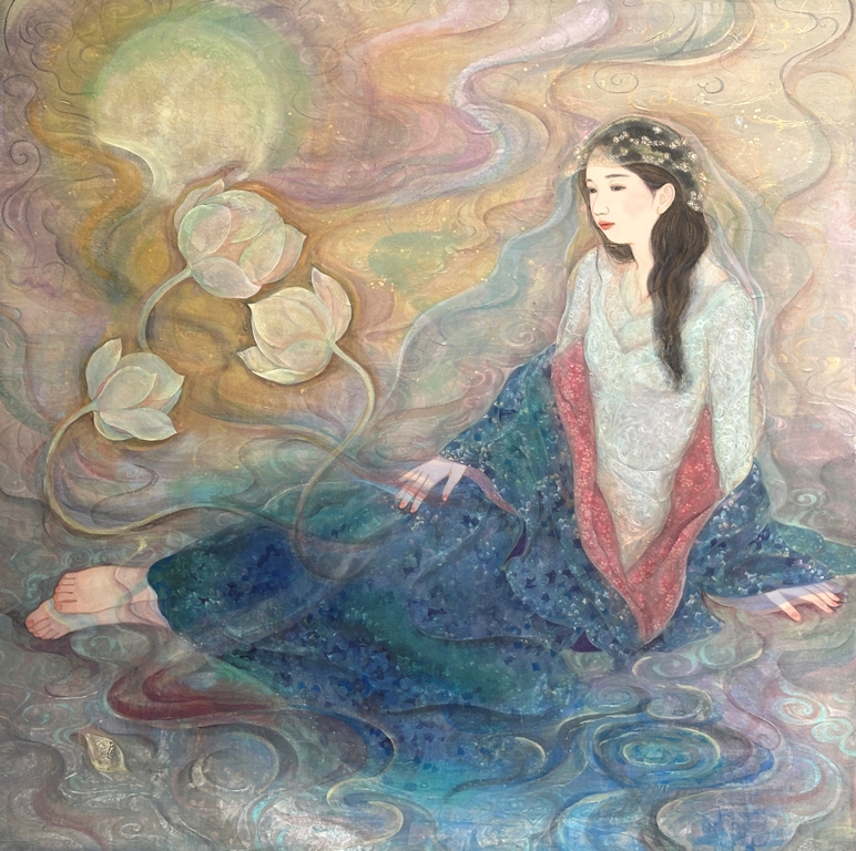 朧朧　銀色を基調とした朧げな女性像　幻想的な日本画　紙本著色　