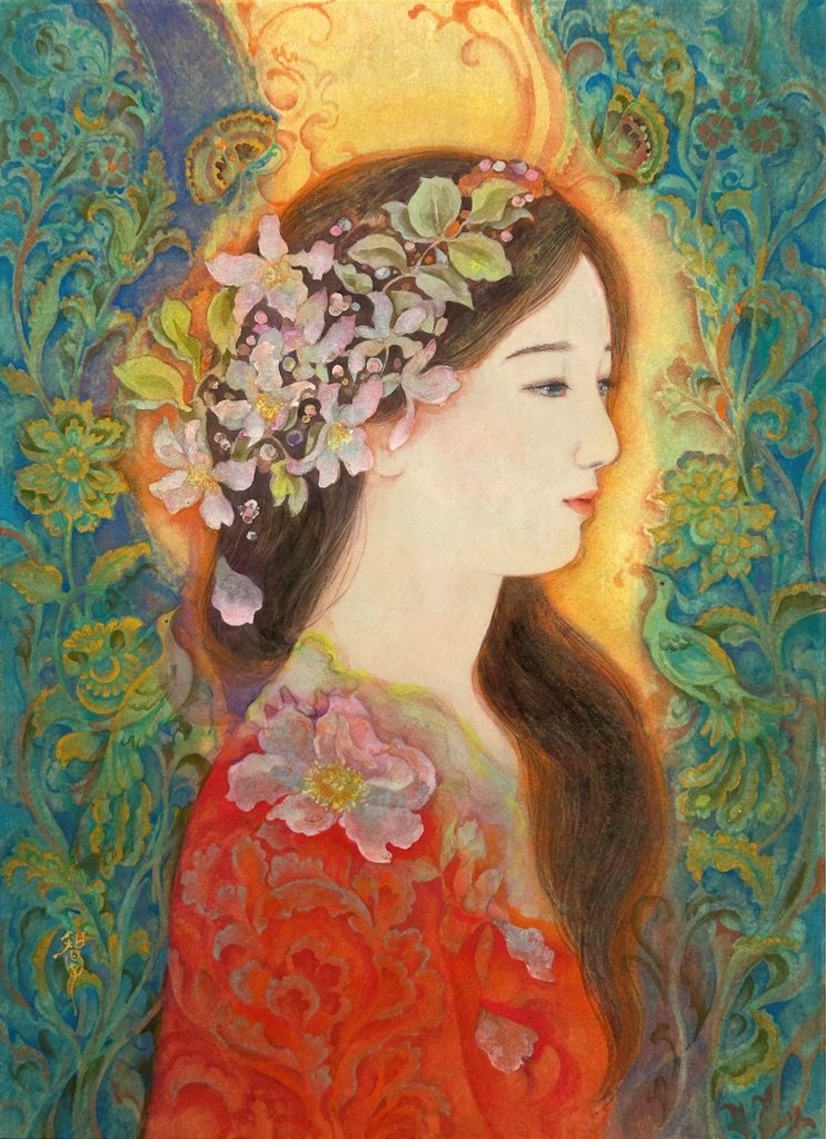 Flora,　花の女神のような女性像　日本画作品　絹本著色