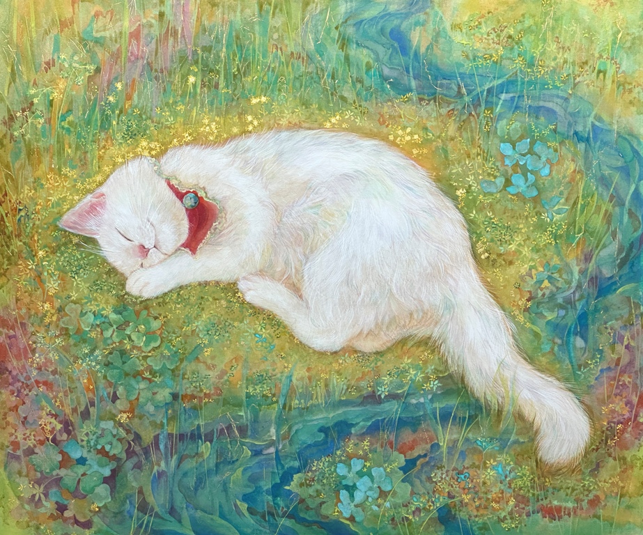 ひだまり猫　白猫を描いた日本画作品　絹本著色