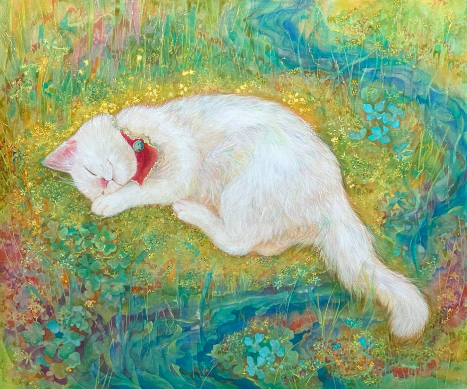 ひだまり猫　白猫を描いた日本画作品　絹本著色