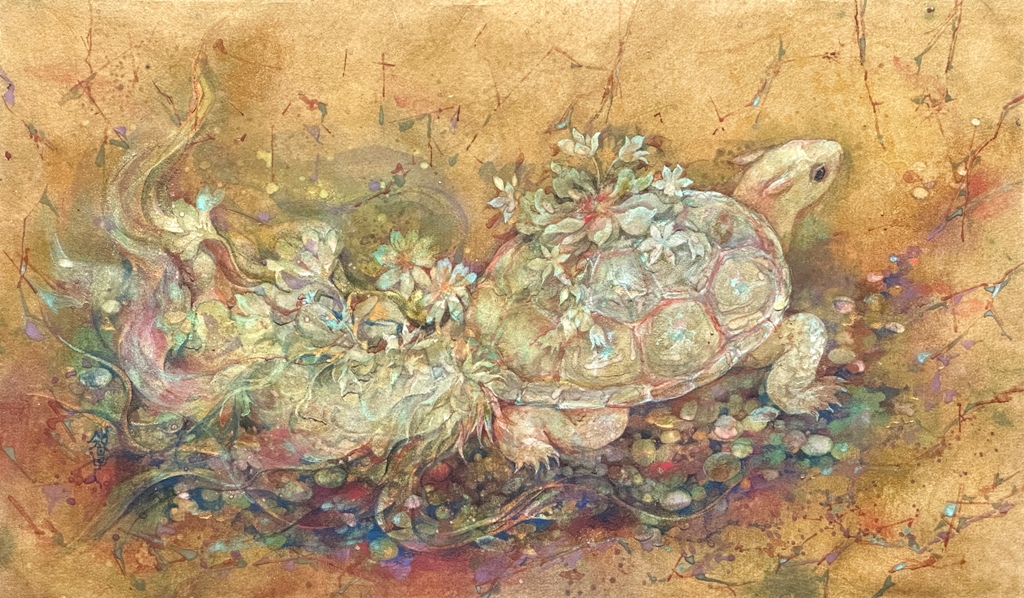 蓑亀　瑞亀を描いた日本画作品　アンティークな色合い