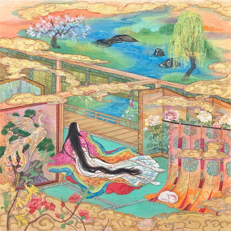 平安時代の姫君と猫を描いた絹本の日本画