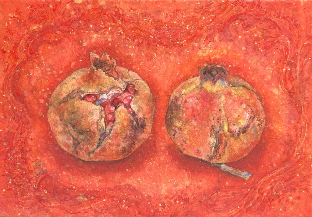 柘榴を描いた日本画作品　揉み紙に岩絵具、金泥