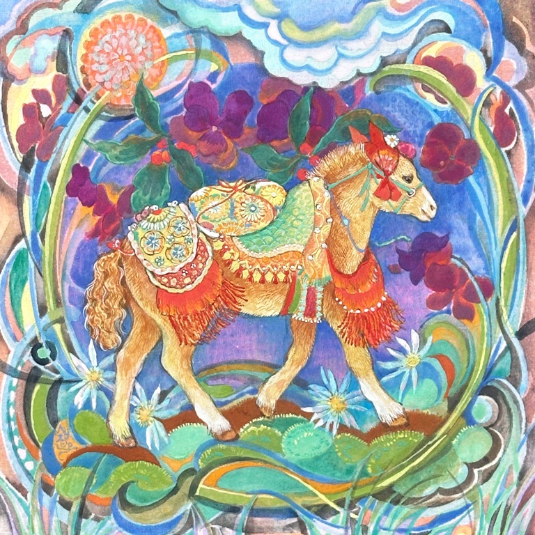 チャグチャグ馬コの絵　絹本著色　日本画作品