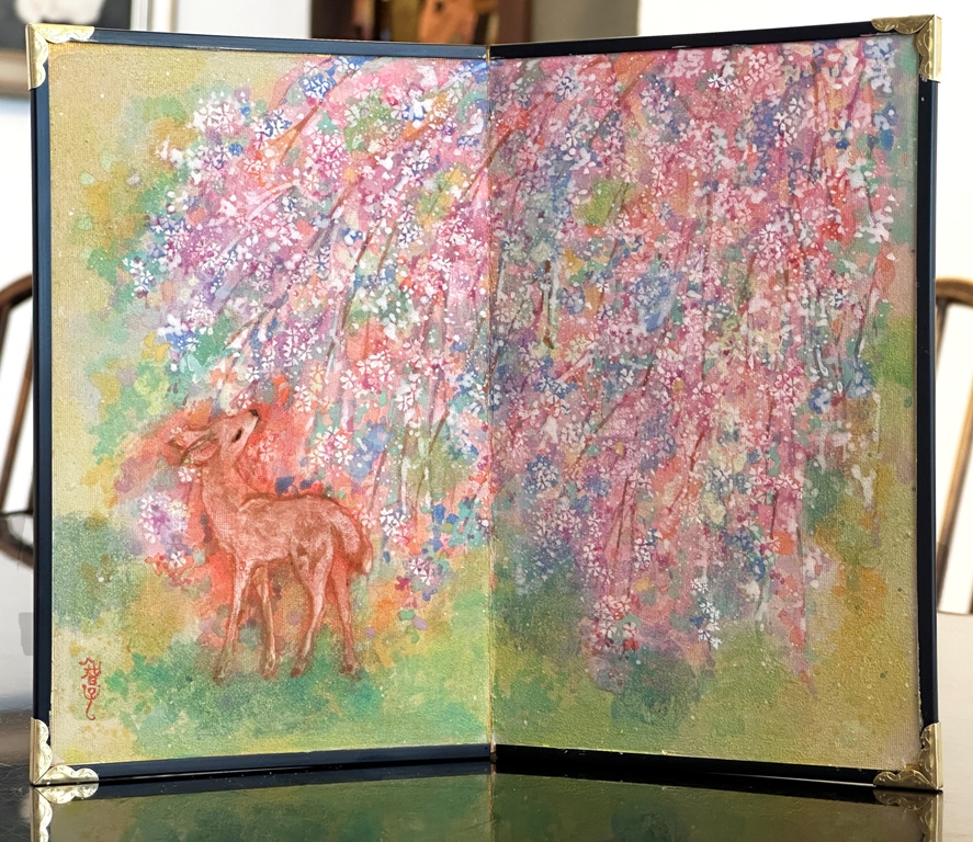 二曲一隻屛風　小鹿と桜の絵