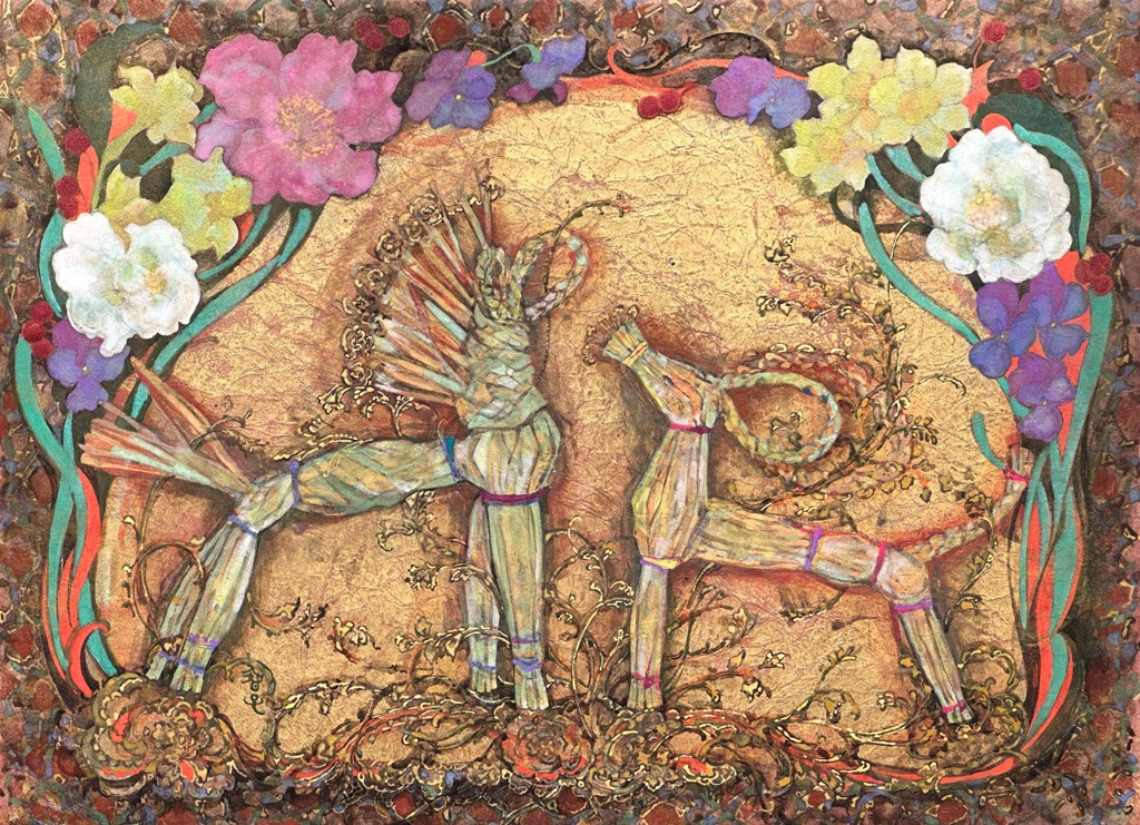 わら細工の馬を描いた日本画　F4号　紙本