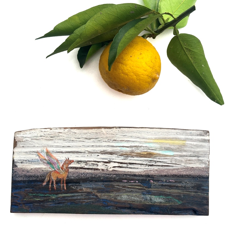 ヤクスギの板に描いたペガサス