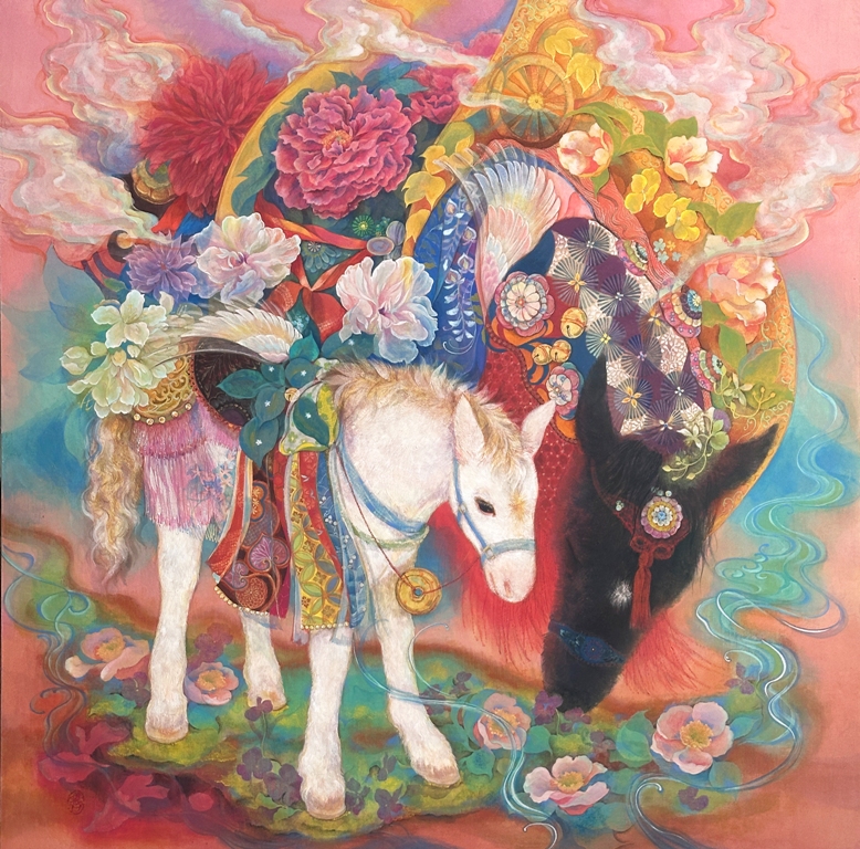チャグチャグ馬コを幻想的に描いた日本画作品　S30号