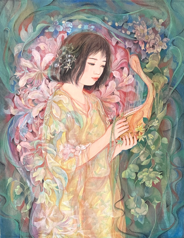 幻想のハープを抱く女性を描いた日本画作品 絹本