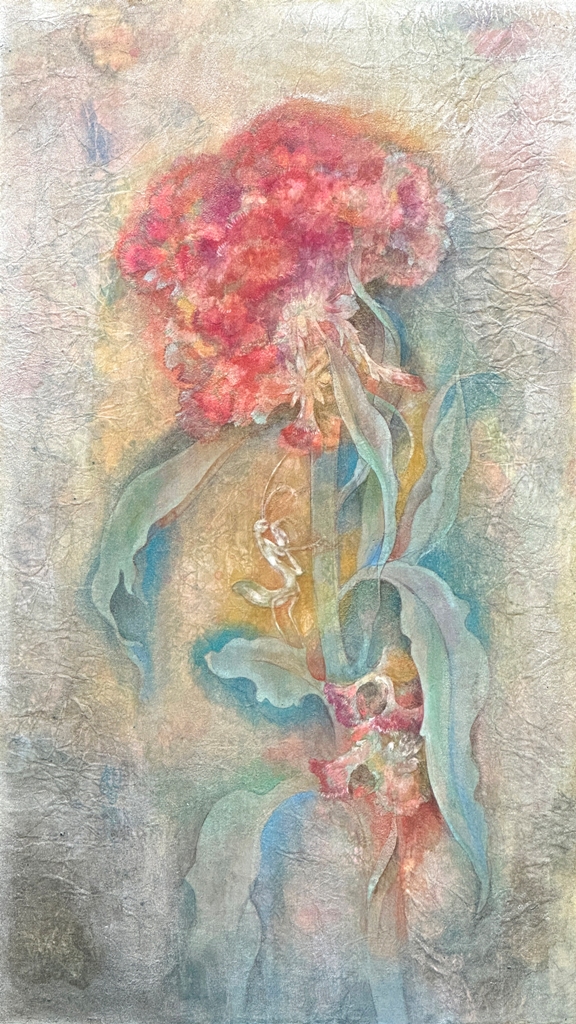 鶏頭と蟷螂を描いた日本画作品