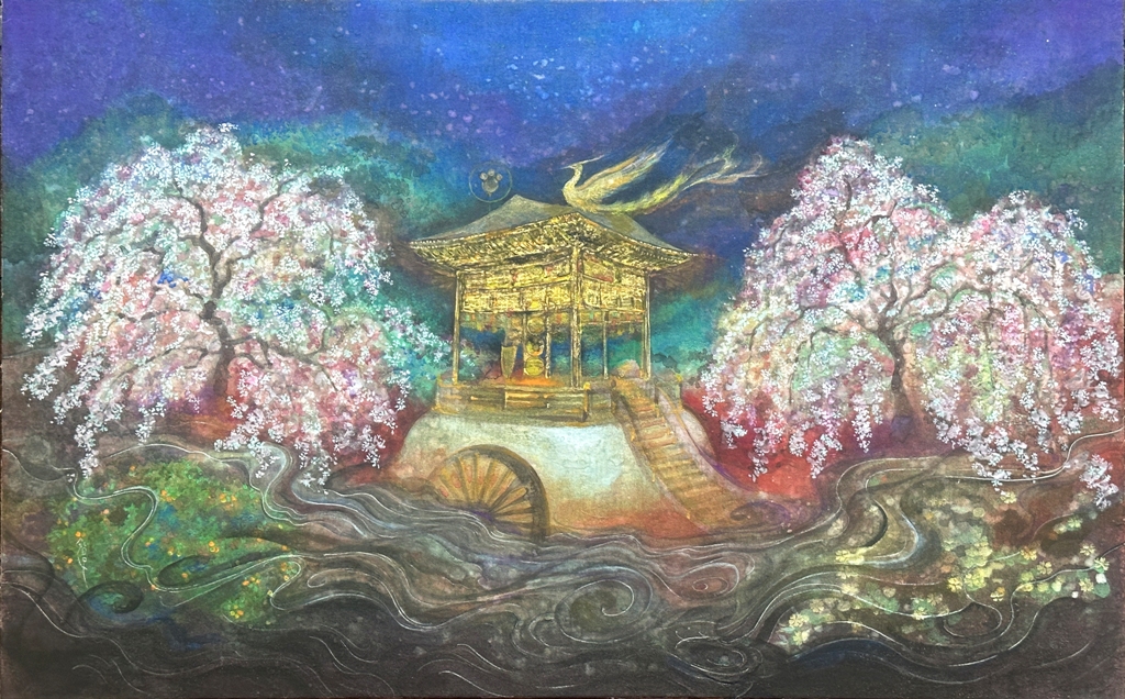 神社と夜桜を描いた日本画作品