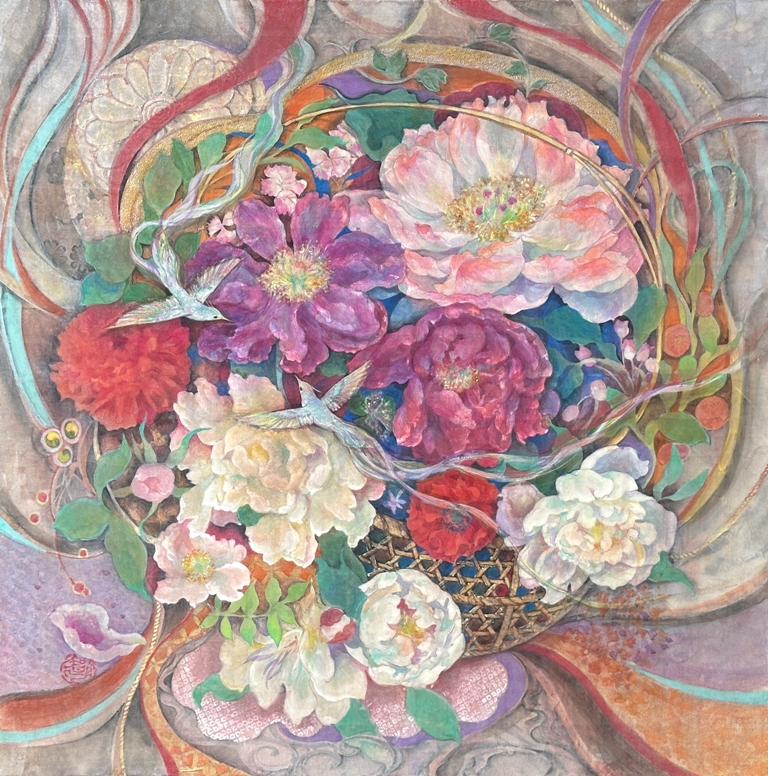花籠、くす玉を描いた日本画作品　紙本彩色　S8